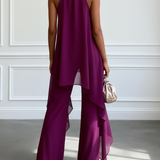 Ensemble deux-pièces élégant violet sans manches à licou avec pantalon
