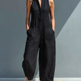 Combinaison ample sans manches col boutonné en faux lin minimaliste noir