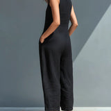Combinaison ample sans manches col boutonné en faux lin minimaliste noir