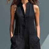 Combinaison ample sans manches col boutonné en faux lin minimaliste noir