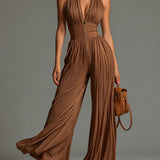 Combinaison pantalon large plissée en mousseline marron, sans manches, col en V et fermeture éclair