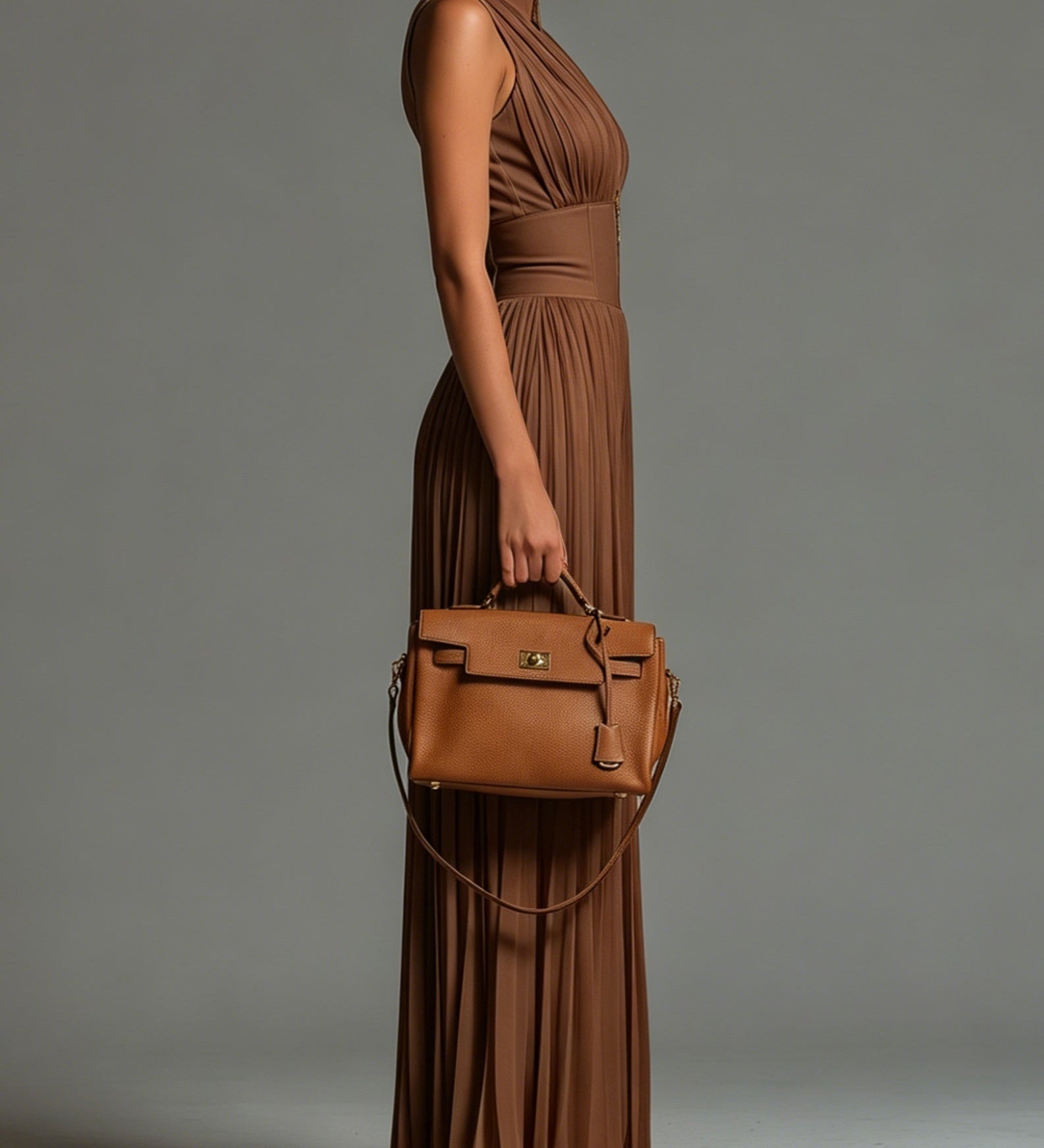 Combinaison pantalon large plissée en mousseline marron, sans manches, col en V et fermeture éclair