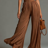 Combinaison pantalon large plissée en mousseline marron, sans manches, col en V et fermeture éclair