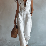 Combinaison blanche sans manches en faux coton-lin