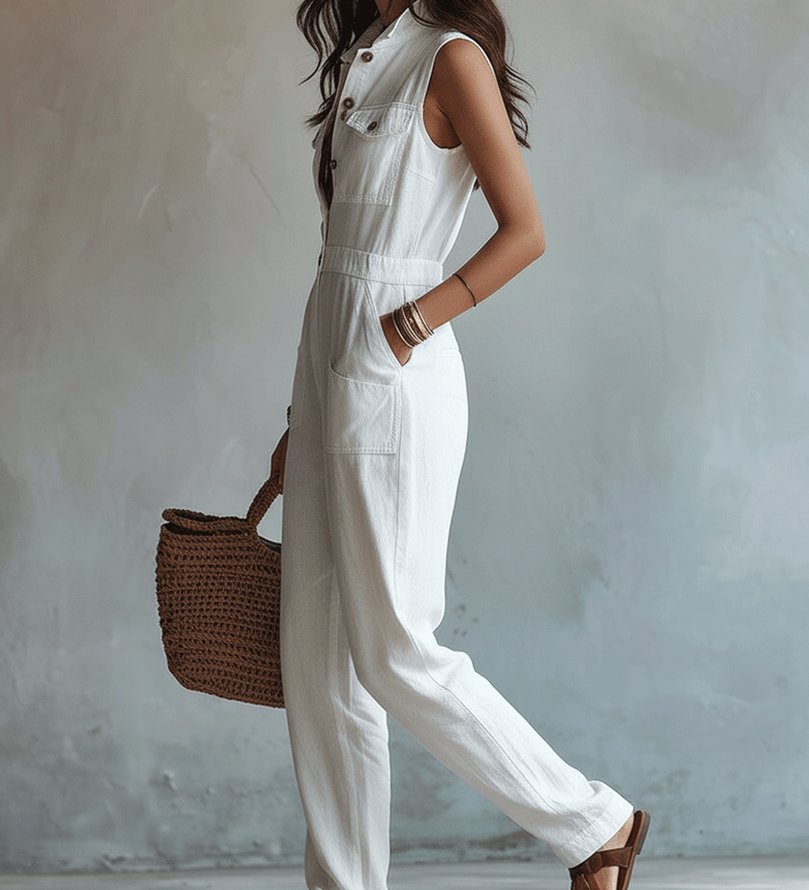 Combinaison blanche sans manches en faux coton-lin