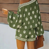 Combinaison-short à motif baroque, épaules dénudées et manches ballon