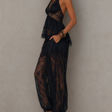 Ensemble caraco noir dos nu bordé de dentelle et pantalon sarouel