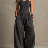 Combinaison-pantalon bohème à rayures fines, dos nu croisé et jambes larges, coloris anthracite