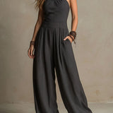Combinaison-pantalon bohème à rayures fines, dos nu croisé et jambes larges, coloris anthracite