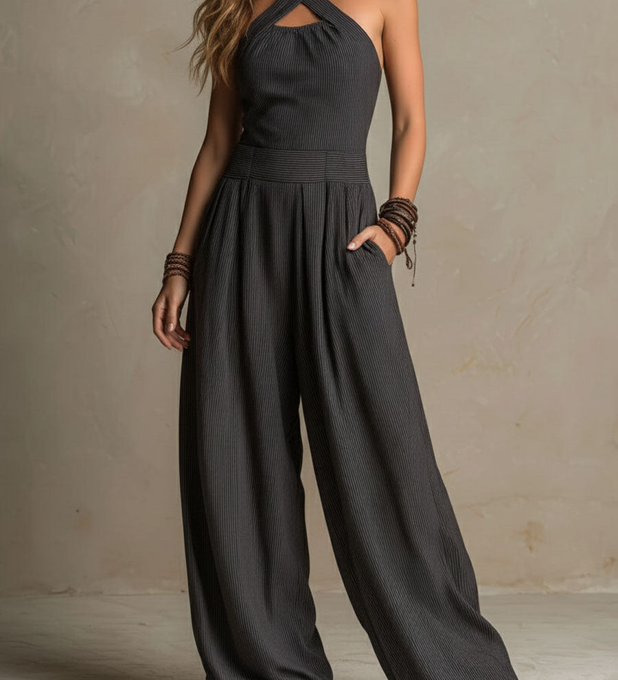 Combinaison-pantalon bohème à rayures fines, dos nu croisé et jambes larges, coloris anthracite