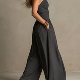 Combinaison-pantalon bohème à rayures fines, dos nu croisé et jambes larges, coloris anthracite