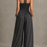 Combinaison-pantalon bohème à rayures fines, dos nu croisé et jambes larges, coloris anthracite