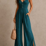 Combinaison bohème bleu-vert à jambes larges, fendue et garnie de dentelle