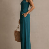 Combinaison bohème bleu-vert à jambes larges, fendue et garnie de dentelle