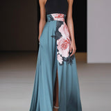 Robe longue trapèze sans manches à col rond classique, à fleurs, noire fendue