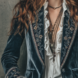 Blazer en velours de polyester à poignets brodés de fleurs vintage