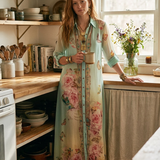 Robe longue en mousseline vert menthe imprimé floral style baroque