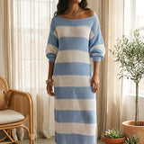 Robe longue maxi en maille bohème rayée bleu ciel à épaules dénudées