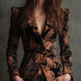 Blazer en velours à motif floral noir et bronze