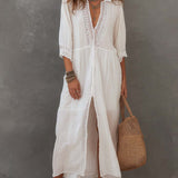 Robe chemise mi-longue vintage en coton et lin avec dentelle