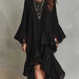 Robe midi bohème noire asymétrique élégante à volants