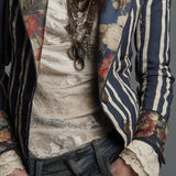Blazer rayé en coton et lin à imprimé floral bohème