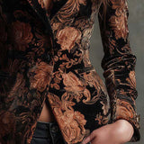 Blazer en velours à motif floral noir et bronze