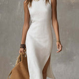 Robe midi en coton et lin à col montant et ourlet fendu