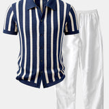 Chemise boutonnée en maille rayée et pantalon droit en lin