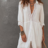 Robe chemise mi-longue vintage en coton et lin avec dentelle