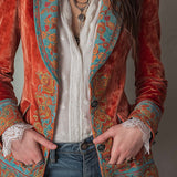 Blazer imprimé en velours de polyester à contraste rétro