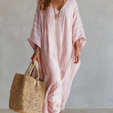 Robe caftan rayée rose pâle, style bohème