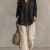 Chemise bohème moderne en lin noir, style décontracté
