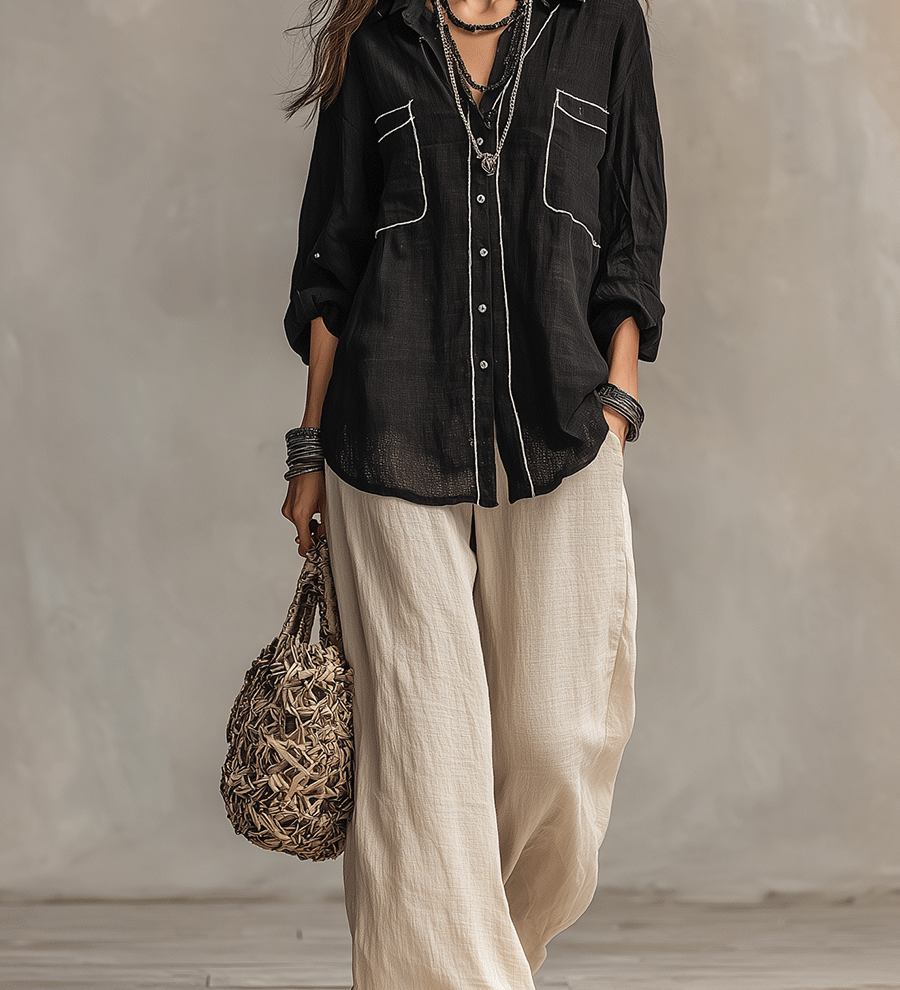 Chemise bohème moderne en lin noir, style décontracté