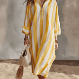 Robe midi décontractée rayée jaune et blanche, esprit vacances
