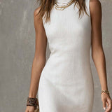 Robe midi en coton et lin à col montant et ourlet fendu
