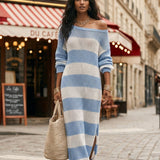 Robe longue maxi en maille bohème rayée bleu ciel à épaules dénudées