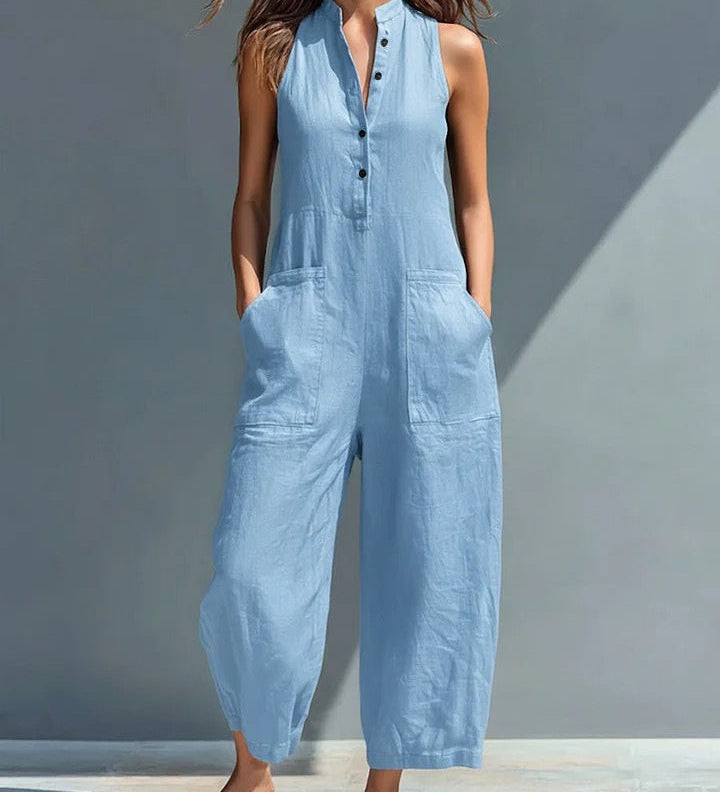 Combinaison ample sans manches col boutonné en faux lin minimaliste noir