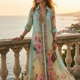 Robe longue en mousseline vert menthe imprimé floral style baroque