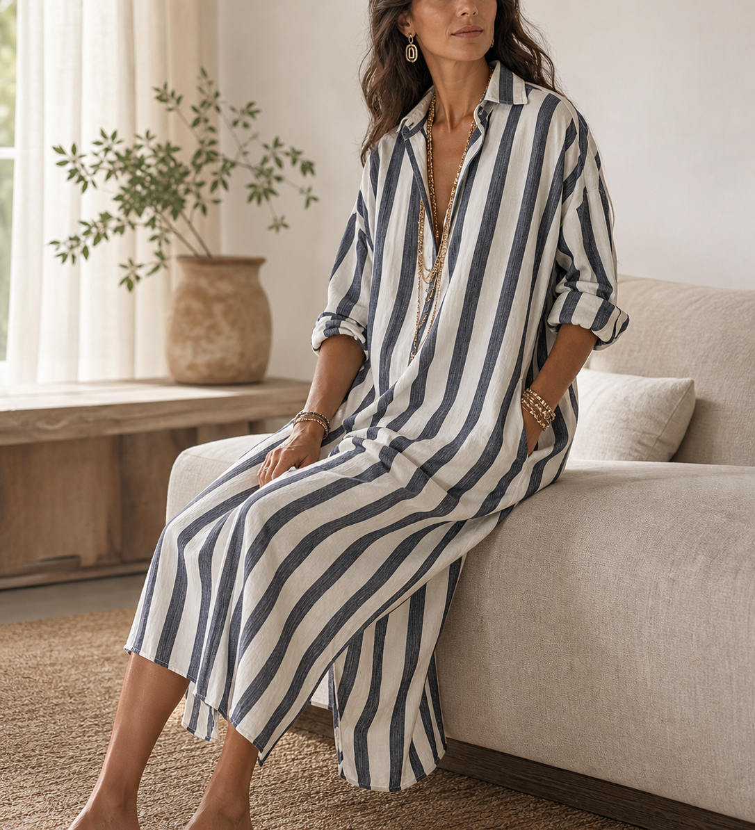 Chemise rayée décontractée Robe longue style bohème