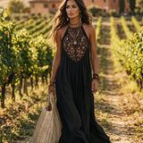 Robe longue de soirée élégante bohème sans manches fluide et spectaculaire