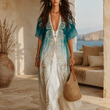 Robe longue kaftan ombrée bleu sarcelle et aigue-marine, style brise côtière élégante
