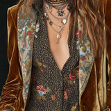 Blazer vintage à patchwork de velours polyester à motif floral avec revers
