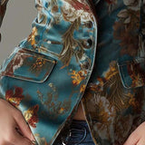Blazer ajusté vintage en velours bleu sarcelle à motifs floraux