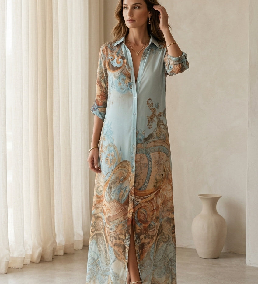 Robe longue en mousseline bleue à fleurs style baroque