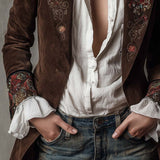 Blazer vintage en daim marron avec détails brodés
