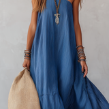 Robe longue fluide rayée bleu roi, épaules dénudées