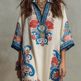 Robe mi-longue Kaftan style bohème à motif cachemire floral bleu ivoire
