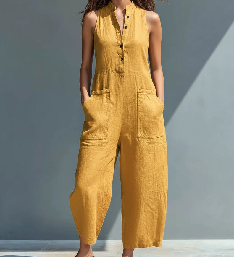 Combinaison ample sans manches col boutonné en faux lin minimaliste noir