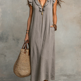 Robe longue bohème sans manches à volants et col en V